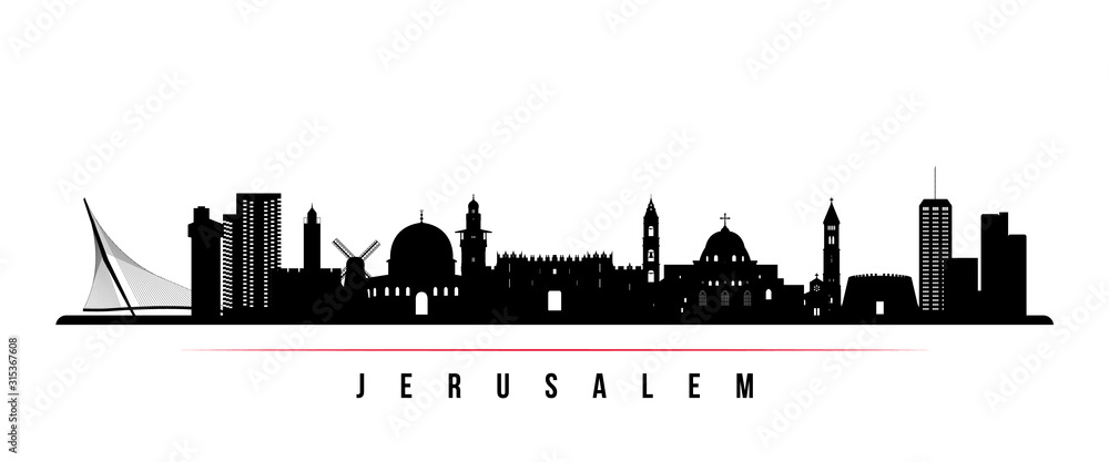 Naklejka premium Baner poziomy panoramę Jerozolimy. Czarno-biała sylwetka Jerozolimy, Izrael. Szablon wektor dla swojego projektu.