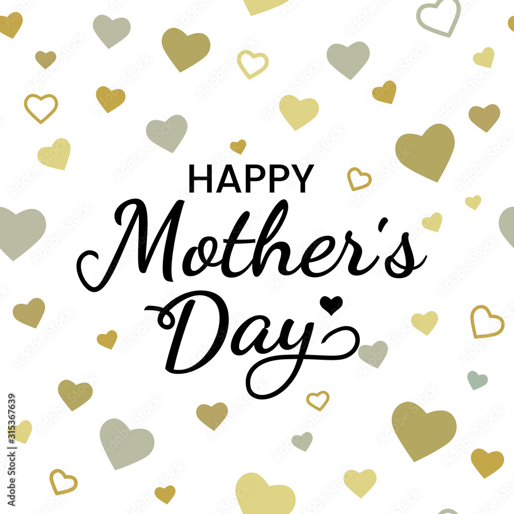 Seamless festive pattern with congratulation and golden and gray hearts. happy mothers day concept.