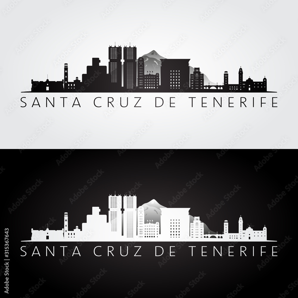 Santa Cruz de Tenerife skyline and landmarks silhouette, black and white design, vector illustration.