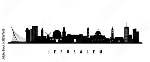 Jerusalem skyline horizontal banner. Black and white silhouette of Jerusalem, Israel. Vector template for your design.