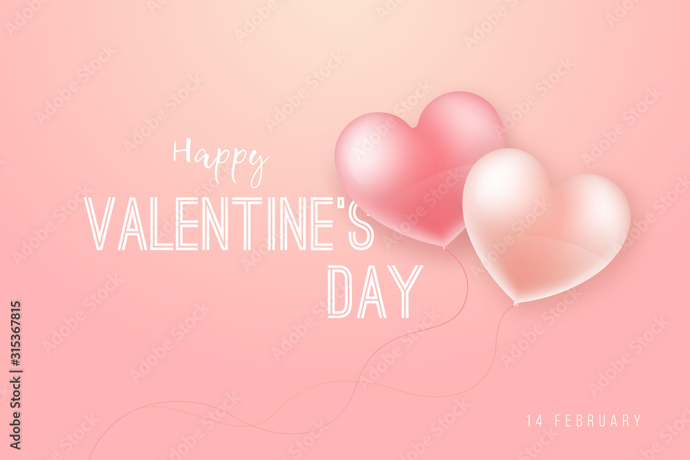 Romantic composition for Valentine's Day with 2 heart shaped balloons and the inscription.  Festive vector banner.