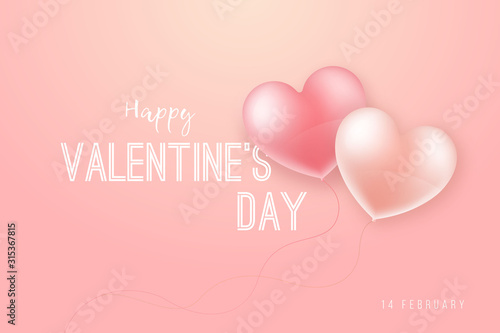 Romantic composition for Valentine's Day with 2 heart shaped balloons and the inscription. Festive vector banner.