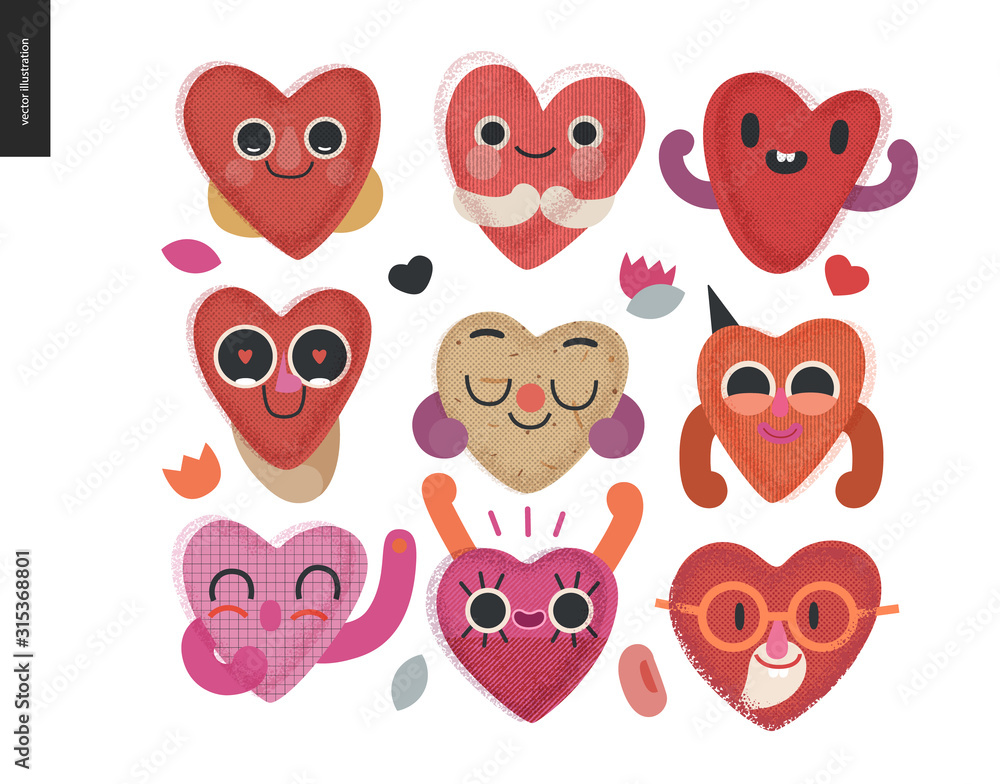 Happy hearts set - Valentines day graphics. Modern flat vector concept illustration - a smiling happy valentine hearts, cute character in love concept Happy hearts set - Valentines day graphics. Modern flat vector concept illustration - a smiling happy valentine hearts, cute character in love concept