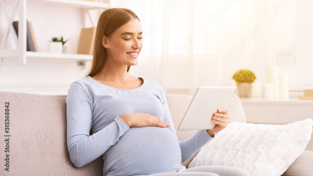 Expectant Woman Using Digital Tablet Sitting On Couch At Home Expectant Woman Using Digital Tablet Sitting On Couch At Home