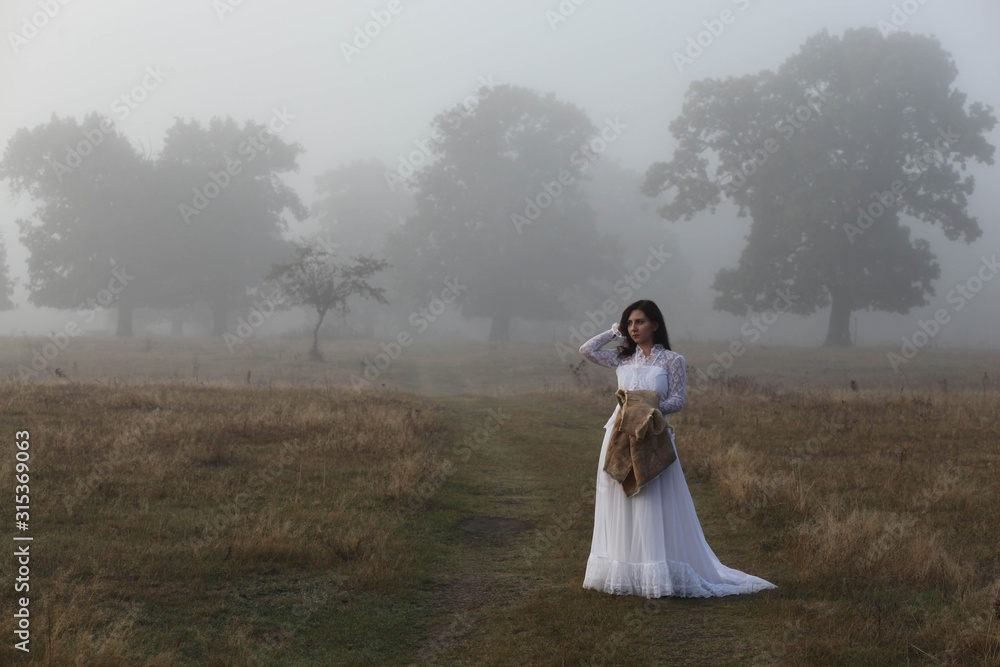 girl in a white dress on a mist field with oaks girl in a white dress on a mist field with oaks