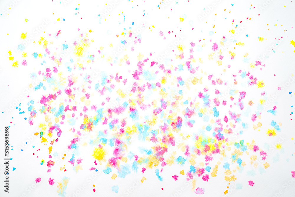 pastel pink blue yellow water colour splashed and droped on white clear drawing paper with paper texture background.