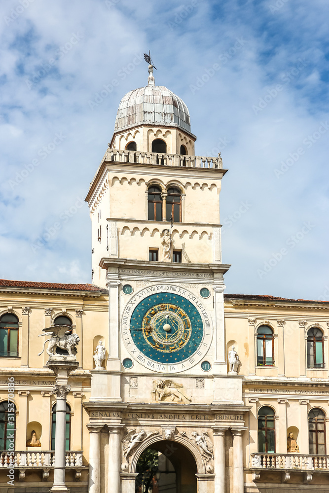 Padova, Italy. Beautiful view of clock tower (Torre dell'Orologio) and Piazza dei Signori in Padova.