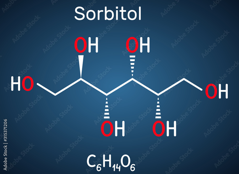 Sorbitol, glucitol molecule. It is polyhydric alcohol with a sweet