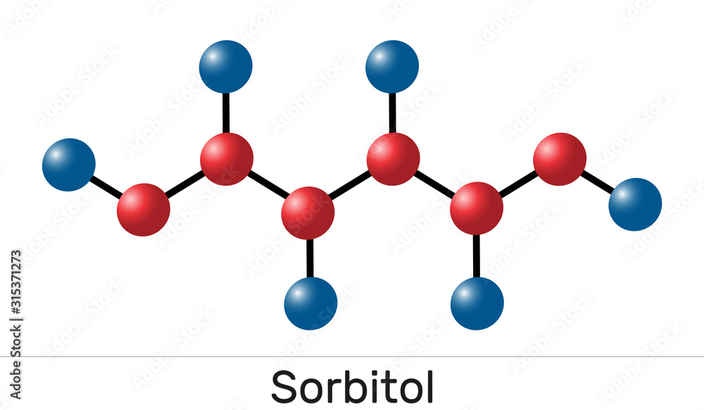 Sorbitol, glucitol molecule. It is polyhydric alcohol with a sweet taste.