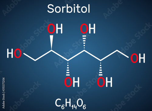 Sorbitol, glucitol molecule. It is polyhydric alcohol with a sweet taste. Structural chemical formula on the dark blue background