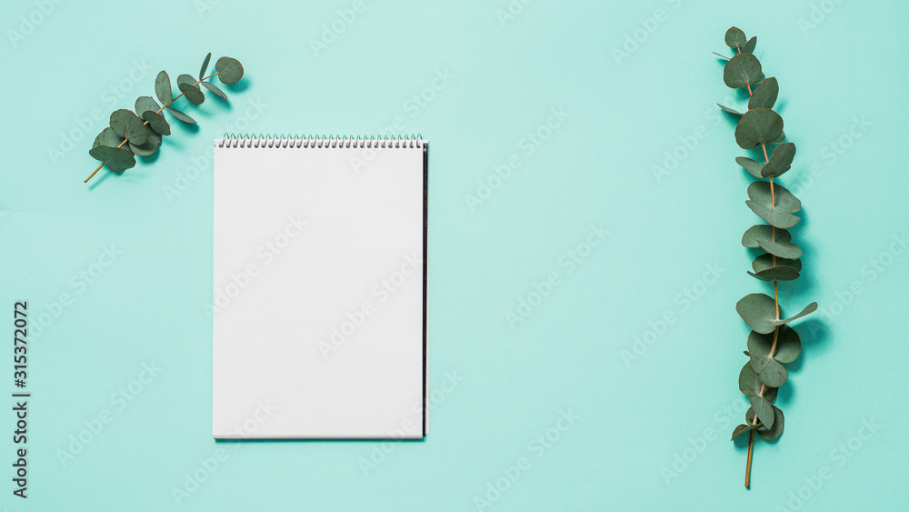 Blank notebook and eucalyptus on blue background. Empty notebook paper and eucalyptus branch on pastel blue background with copy space for text or design.Horizontal banner.Flat lay, top view,copyspace Blank notebook and eucalyptus on blue background. Empty notebook paper and eucalyptus branch on pastel blue background with copy space for text or design.Horizontal banner.Flat lay, top view,copyspace