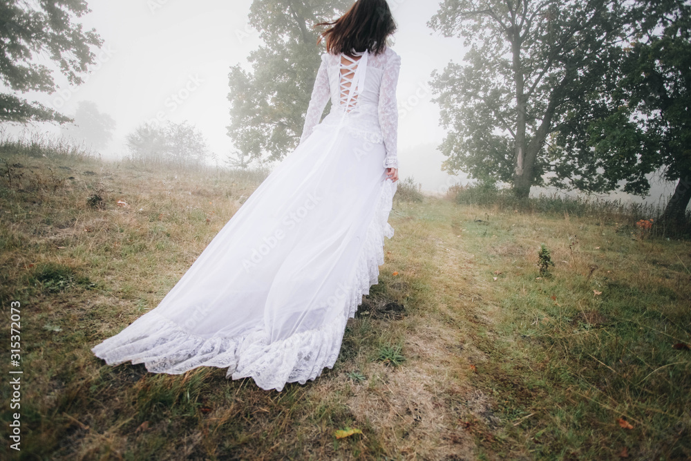 girl in a white dress on a mist field with oaks girl in a white dress on a mist field with oaks