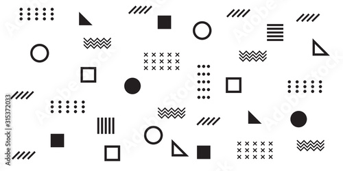 Memphis Simple Black and White Abstract Circle Line Rectangle Box Arrow Cross Mountain River Pie Egypt Basic Shape Background for shirt