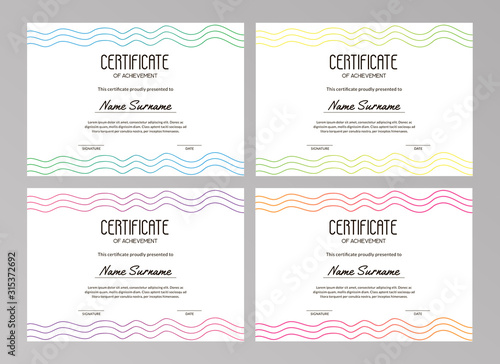 Trendy minimalist certificate templates with fun wavy lines on the white background. Usable for educational courses, contests, training, sport competitions. A4 scaled size. Vector illustration