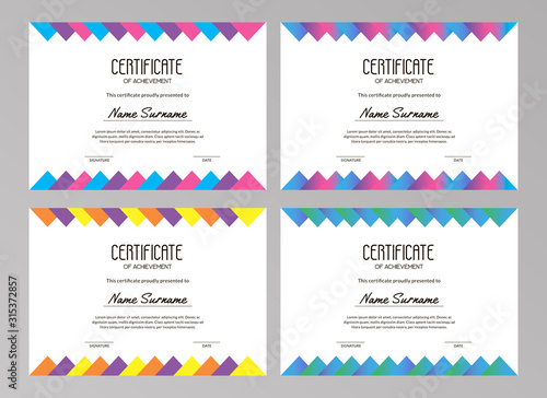 Geometry certificate template with multicolored triangles and sample text. Usable for educational courses, contests, tests, training. Vector illustration. A4 standard scaled size