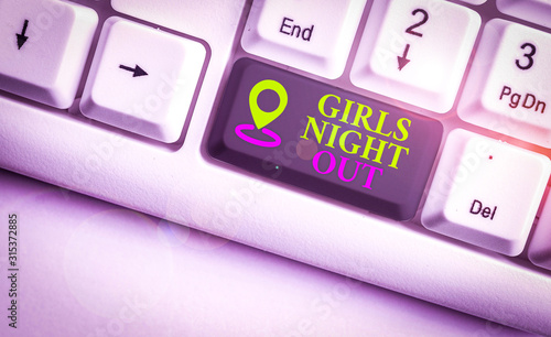 Text sign showing Girls Night Out. Business photo text Freedoms and free mentality to the girls in modern era White pc keyboard with empty note paper above white background key copy space photo