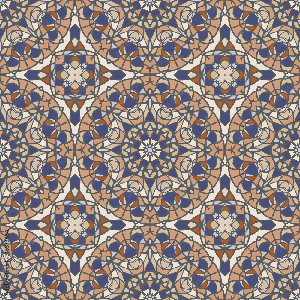 Creative color abstract geometric pattern in blue, beige and orange, vector seamless, can be used for printing onto fabric, interior, design, textile