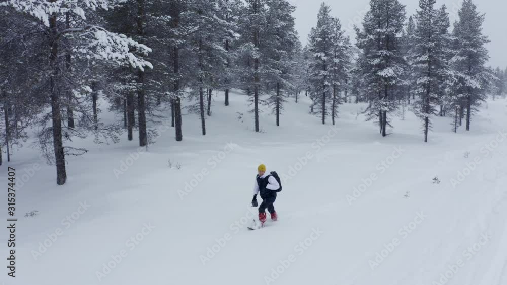 Tourist Man Walking Trail Forest In Winter, Aerial. Winter sport activity. Man tourist hiking snow winter forest snow trail. Drone view beautiful landscape with coniferous trees and white snow. Tourist Man Walking Trail Forest In Winter, Aerial. Winter sport activity. Man tourist hiking snow winter forest snow trail. Drone view beautiful landscape with coniferous trees and white snow.