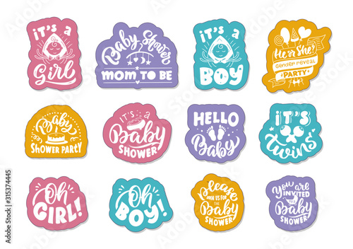 Newborn logos, stickers. Set of modern handmade badges, emblems, labels, elements, symbols, phrases, slogans for and Baby Shower party.