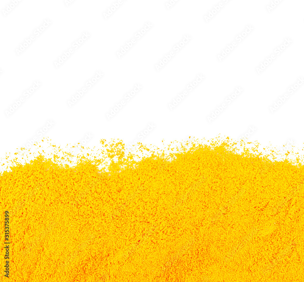 Turmeric powder is a medicinal plant. Taste astringent, fragrant Is an herb that can be used as a medicine Isolated on white background Turmeric powder is a medicinal plant. Taste astringent, fragrant Is an herb that can be used as a medicine Isolated on white background
