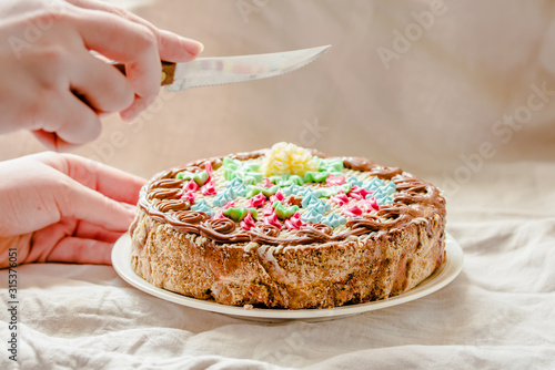 Young woman hands cuting freshly Traditional Kiev Whole round Nut cake in packaging. The known ukrainian bakery products. Holiday and festive sweet food concept