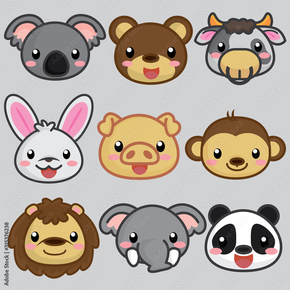Cartoon Collection Head Animal, Cute happy animal Cartoon Collection Head Animal, Cute happy animal