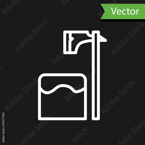 White line Executioner axe in tree block icon isolated on black background. Hangman, torturer, executor, tormentor, butcher, headsman. Vector Illustration