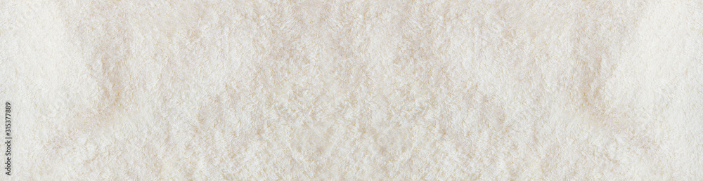 Closeup white towel banner background. Top view and mock up fluffy shower towels texture. Template blank copy space. Flat lay. Selective focus