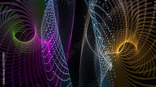 Abstract colourful swivel fractal form in a 3D space.