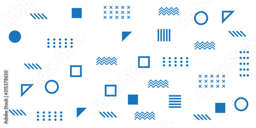 Memphis Simple Blue Abstract Circle Line Rectangle Box Arrow Cross Mountain River Pie Egypt Basic Shape Background for shirt