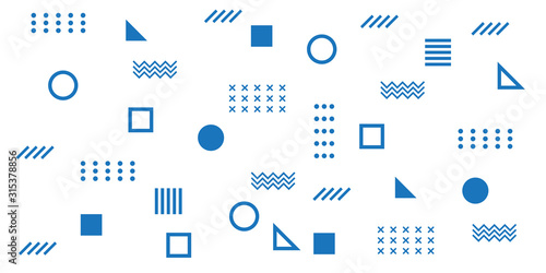 Memphis Simple Blue Abstract Circle Line Rectangle Box Arrow Cross Mountain River Pie Egypt Basic Shape Background for shirt
