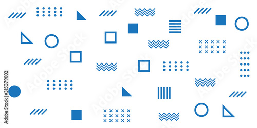 Memphis Simple Blue Abstract Circle Line Rectangle Box Arrow Cross Mountain River Pie Egypt Basic Shape Background for shirt
