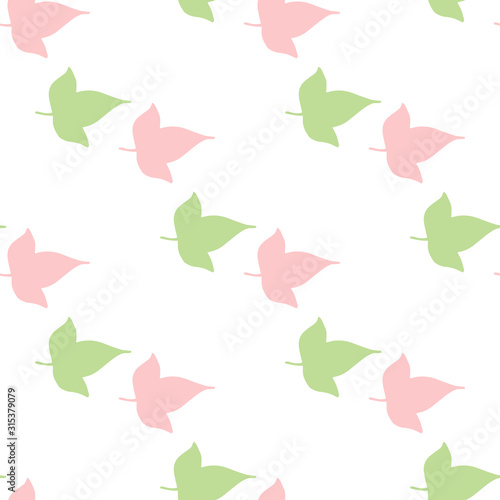 Seamless background with cute pink and green leaves on white background. Endless pattern for your design. Vector.
