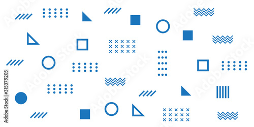Memphis Simple Blue Abstract Circle Line Rectangle Box Arrow Cross Mountain River Pie Egypt Basic Shape Background for shirt