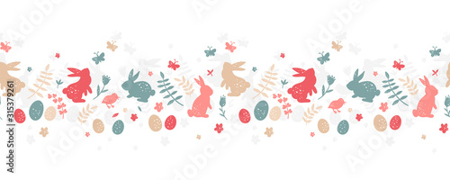 Cute hand drawn easter horizontal seamless pattern, colorful spring background with bunnies, easter eggs, flowers, butterflies - great for textiles, banners, wallpapers, cards - vector design