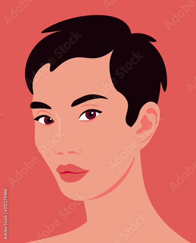 Portrait of a young asian woman. The girl is model. Fashion and beauty. Bright vector illustration in flat style.