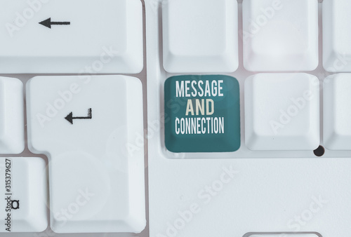 Conceptual hand writing showing Message And Connection. Concept meaning a word or letter sent to someone and it was received White pc keyboard with note paper above the white background photo