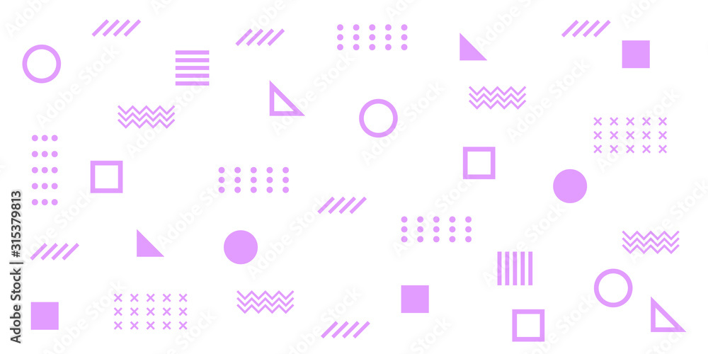 Fototapeta premium Memphis Simple Purple Abstract Circle Line Rectangle Box Arrow Cross Mountain River Pie Egypt Basic Shape Background for shirt