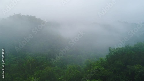 Flying above a jungle with clouds and mist