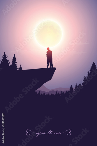 young couple looks to the full moon mystic nature landscape vector illustration EPS10