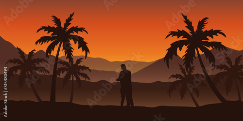 couple in love at beautiful palm tree silhouette landscape in orange colors vector illustration EPS10