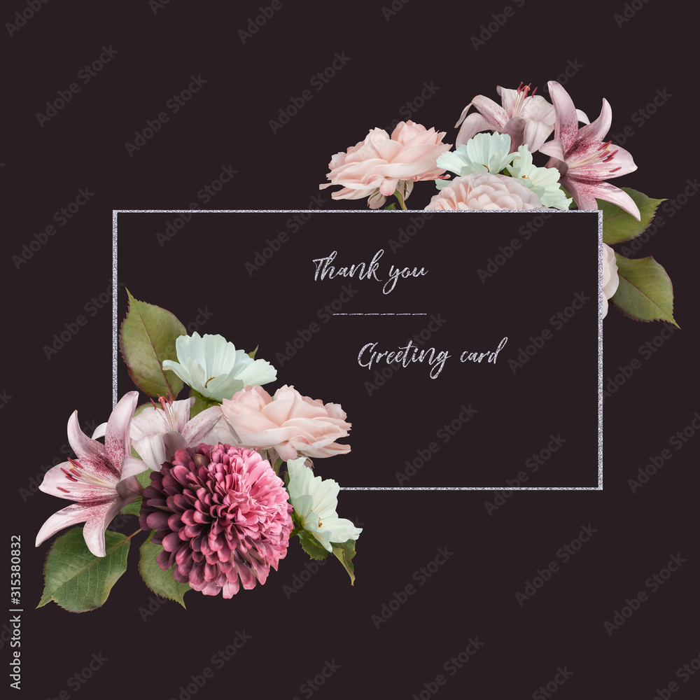 Naklejka Floral card with copy space. Pastel pink roses, zinnia and lily isolated on dark background. Bouquet of garden flowers.