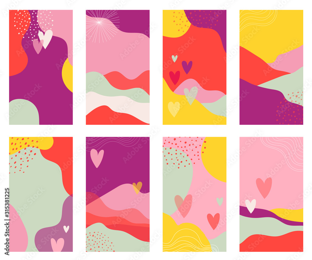 Vector set of Valentines day abstract backgrounds with copy space for text - banners, posters, cover design templates, social media stories wallpapers.