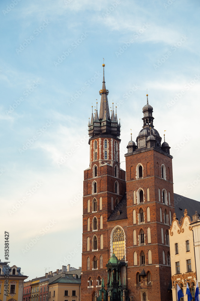 St. Mary's Basilica at Main Market Square (Rynek Glowny) in Krakow, Poland