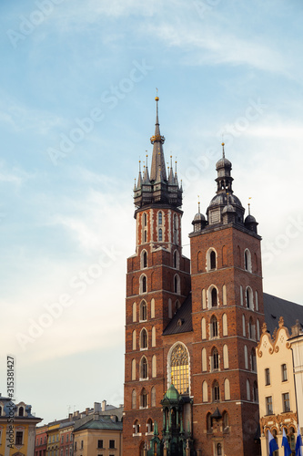 St. Mary's Basilica at Main Market Square (Rynek Glowny) in Krakow, Poland