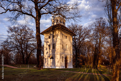 Germany, Saxony-Anhalt, Dessau-Rosslau: Elbpavillon in late afternoon sunlight near Mulde river, Leopoldshafen and city center of the famous German town - concept architecture history dusk dawn