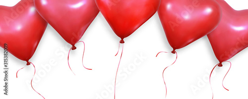 Valentines background. Realistic heart balloons flying on white background. Valentines Day banner