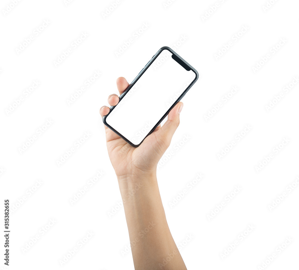 Bangkok, Thailand - Jan 5, 2020: Studio shot of Smartphone iPhone 11 close  up hand hold phone isolated on white, mock-up smartphone white color blank  screen фотография Stock | Adobe Stock