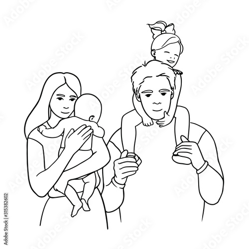 Mother and father with little childrens . Happy family. Vector