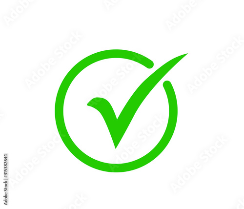 Green check mark icon in a circle. Tick symbol in green color, vector illustration.